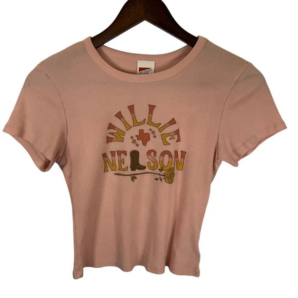 American Eagle Women’s M Cropped Ribbed Band Tee Willie Nelson Pink Graphic Top - Picture 2 of 9